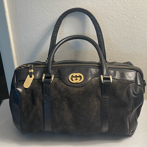 Gucci Handbags - Vintage Gucci Black Handbag Purse Suede Leather Boston Gold Bag
Vintage Gucci